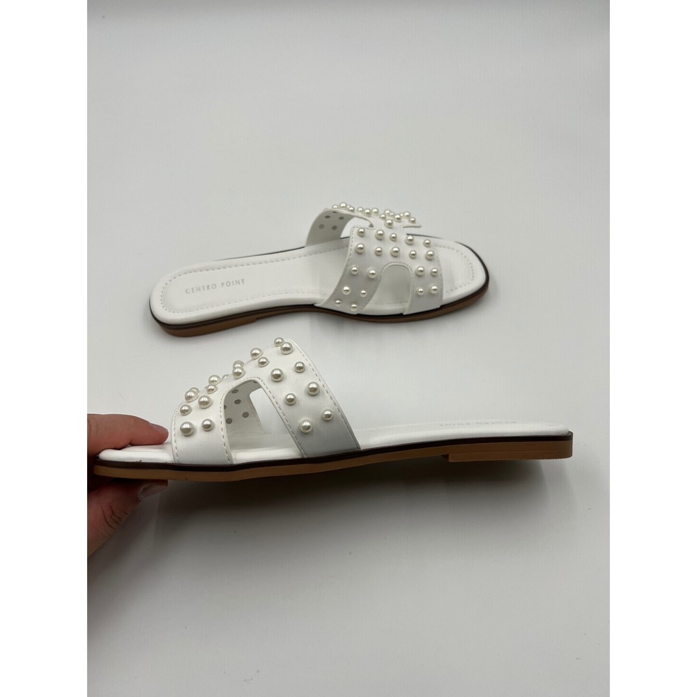 Centro Point Womens Pearl Flat Sandals White H Strap Slide Size 9 C16117-PRL - Picture 7 of 9
